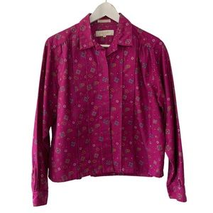 Vintage Hot Pink Paisley Print Pleated Button Up Shirt Women’s Size 14 Coquette